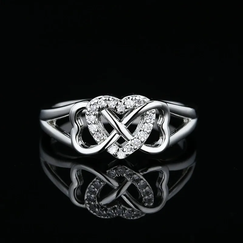 INS1164-Round Cut CZ 925 Sterling Silver Infinity Knot Heart Love Promise Ring