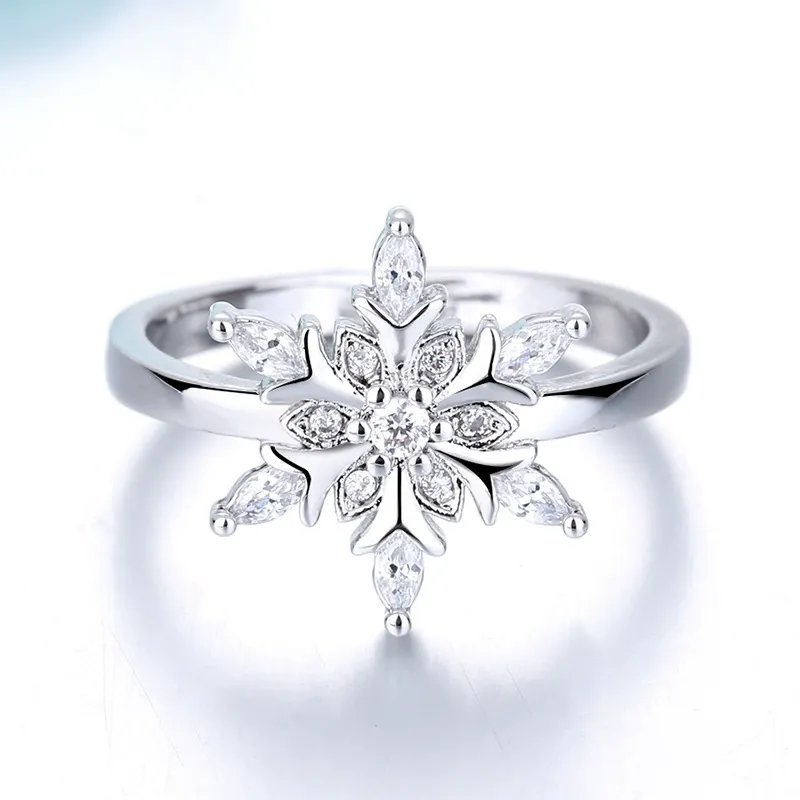 INS1101-CZ Snowflake Adjustable Statement Rings for Women Silver Plated Crystal Christmas Frozen Winter Flower Finger Bands Engagement Open Ring Xmas Party Holiday New Year Jewelry