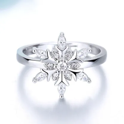 INS1101-CZ Snowflake Adjustable Statement Rings for Women Silver Plated Crystal Christmas Frozen Winter Flower Finger Bands Engagement Open Ring Xmas Party Holiday New Year Jewelry