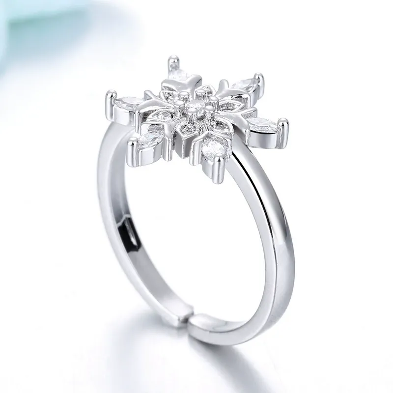 INS1101-CZ Snowflake Adjustable Statement Rings for Women Silver Plated Crystal Christmas Frozen Winter Flower Finger Bands Engagement Open Ring Xmas Party Holiday New Year Jewelry