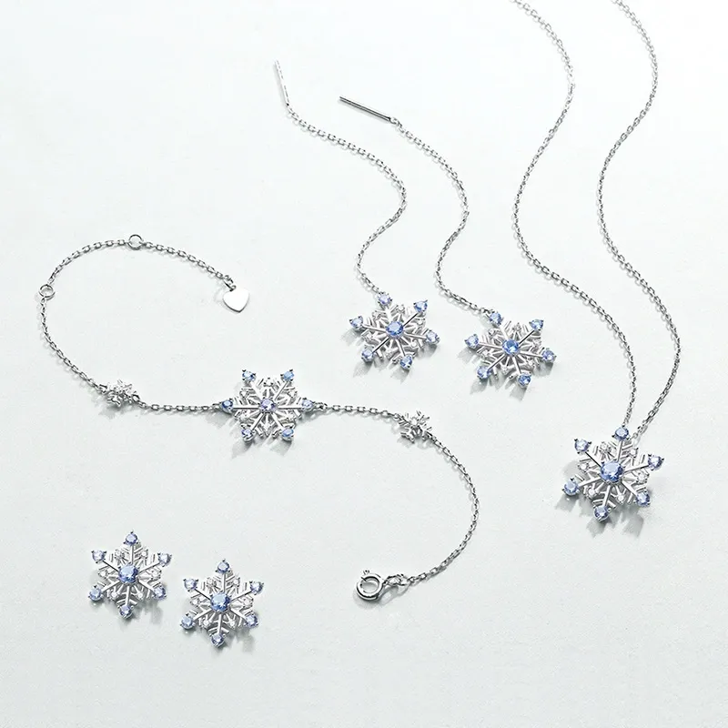INS2305-Snowflake Necklace Earring Studs Sterling Silver Christmas Gift White Blue Snowflakes Winter Holiday Jewelry Gifts for Women