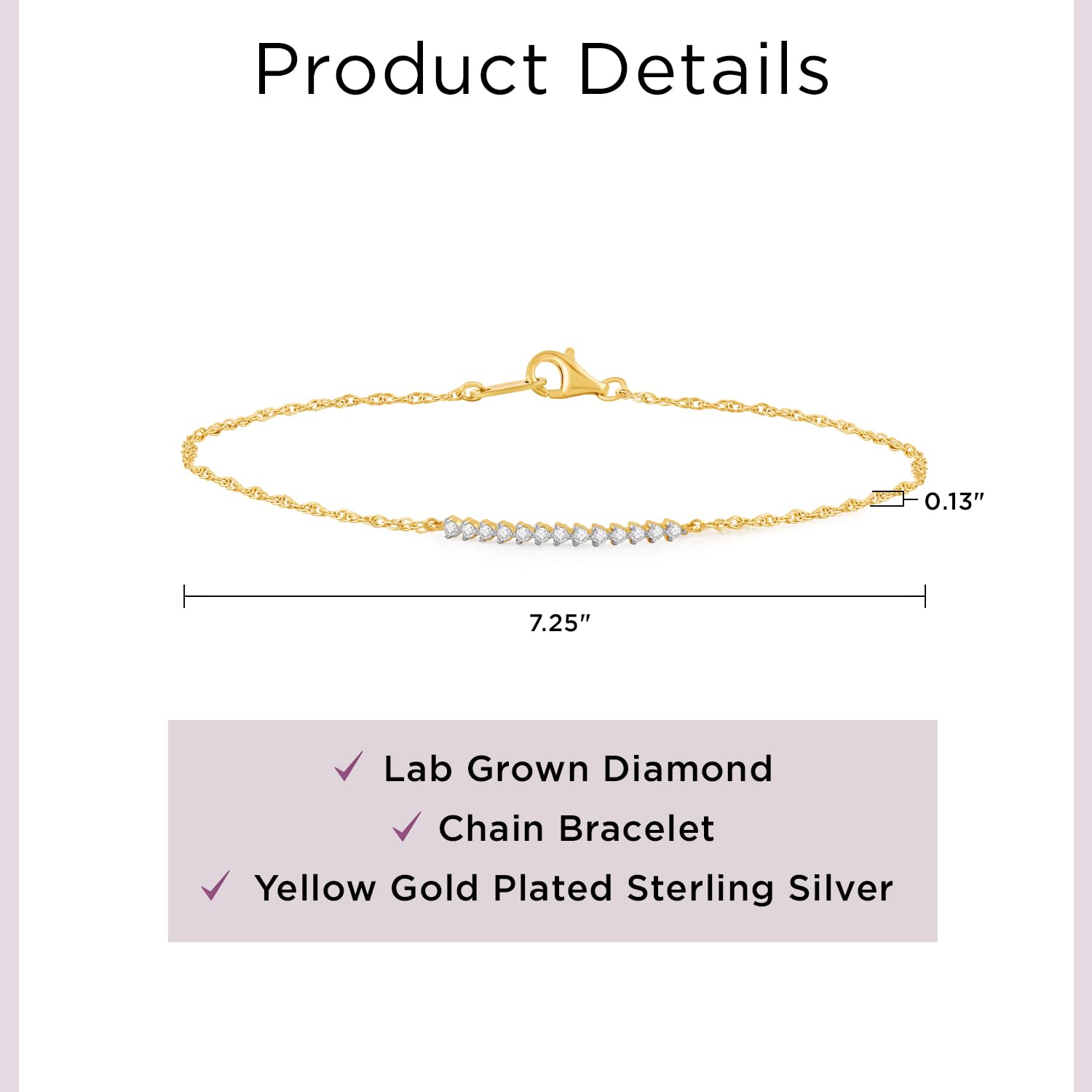 INS4107-Jewelili Yellow Gold over Sterling Silver Lab Grown Diamond Chain Bracelet for Women | 1/10 CTTW | 7.25" | Timeless Jewelry Gift for Her | Gift Box Included