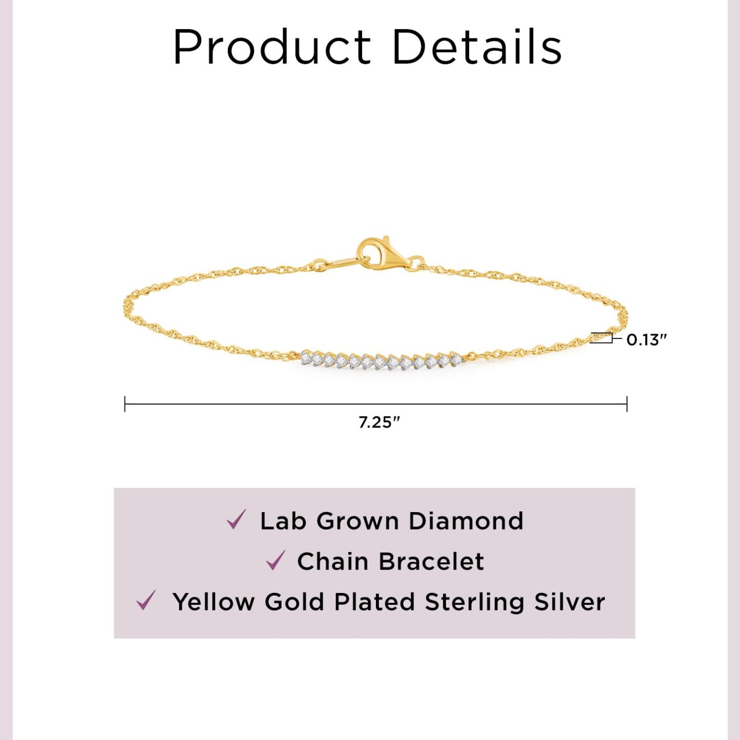 INS4107-Jewelili Yellow Gold over Sterling Silver Lab Grown Diamond Chain Bracelet for Women | 1/10 CTTW | 7.25" | Timeless Jewelry Gift for Her | Gift Box Included