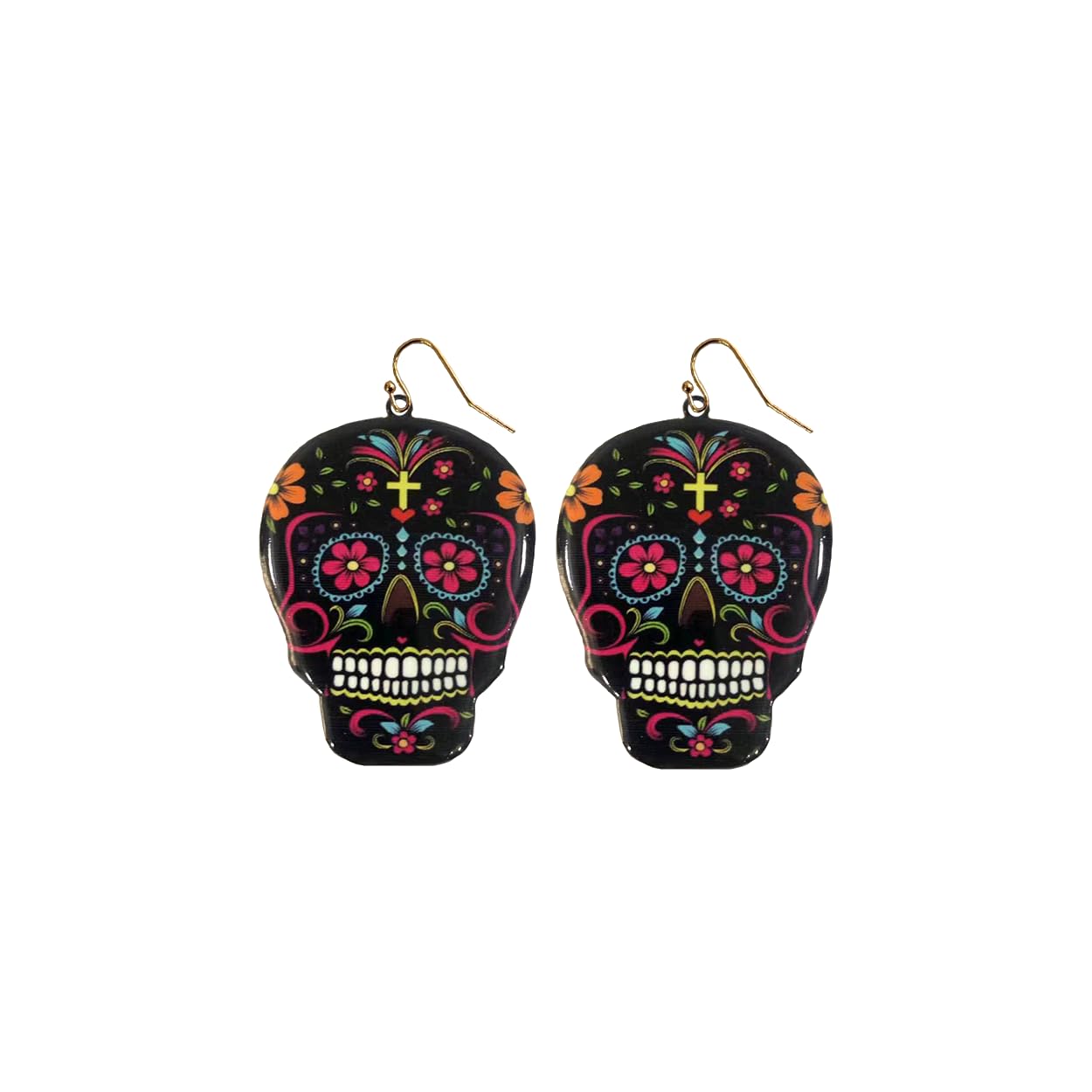 INS2085-Day of the Dead Skeleton Skull Drop Dangle Earrings for Women – El Dia De Los Muertos – Halloween Jewelry - Festival - Punk Jewelry – Beautiful Intricate Colorful Design – Gold Plated – with Gift Box Included