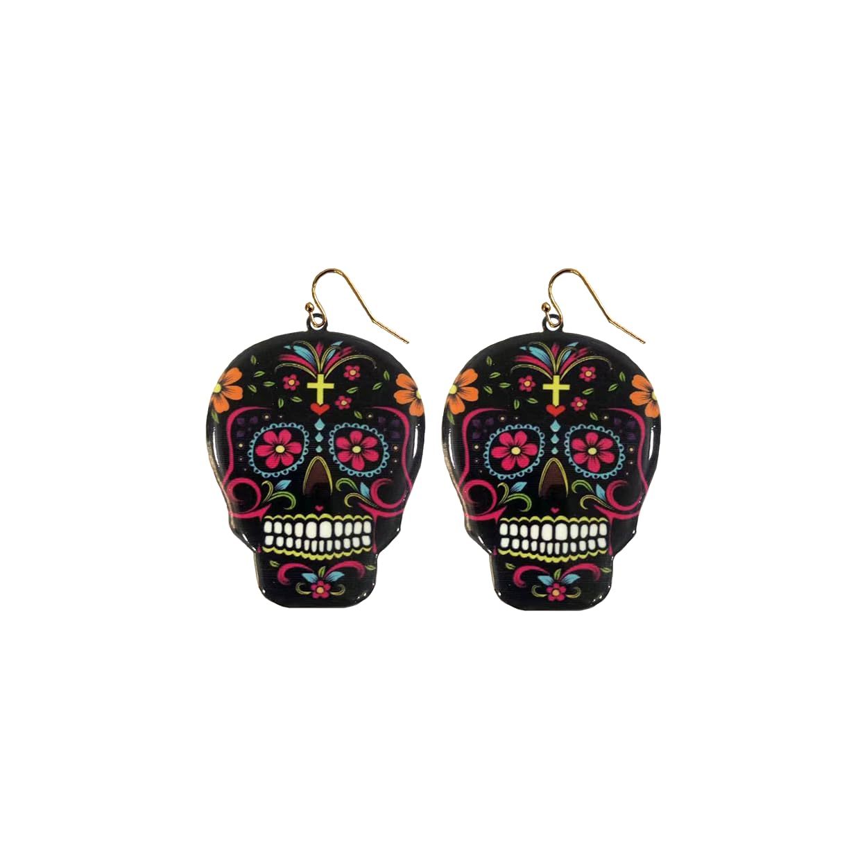INS2085-Day of the Dead Skeleton Skull Drop Dangle Earrings for Women – El Dia De Los Muertos – Halloween Jewelry - Festival - Punk Jewelry – Beautiful Intricate Colorful Design – Gold Plated – with Gift Box Included
