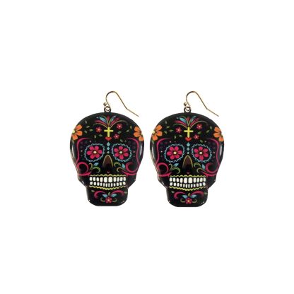INS2085-Day of the Dead Skeleton Skull Drop Dangle Earrings for Women – El Dia De Los Muertos – Halloween Jewelry - Festival - Punk Jewelry – Beautiful Intricate Colorful Design – Gold Plated – with Gift Box Included