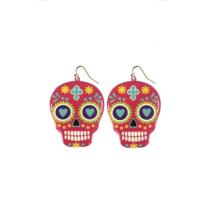 INS2085-Day of the Dead Skeleton Skull Drop Dangle Earrings for Women – El Dia De Los Muertos – Halloween Jewelry - Festival - Punk Jewelry – Beautiful Intricate Colorful Design – Gold Plated – with Gift Box Included