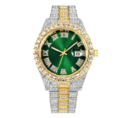 W-1018-Women's Watches Éurópéans and American Alloy Big Rhinestone Diamond Men's Watch Roman Scale Calendar Gold Green Full Diamond Watch