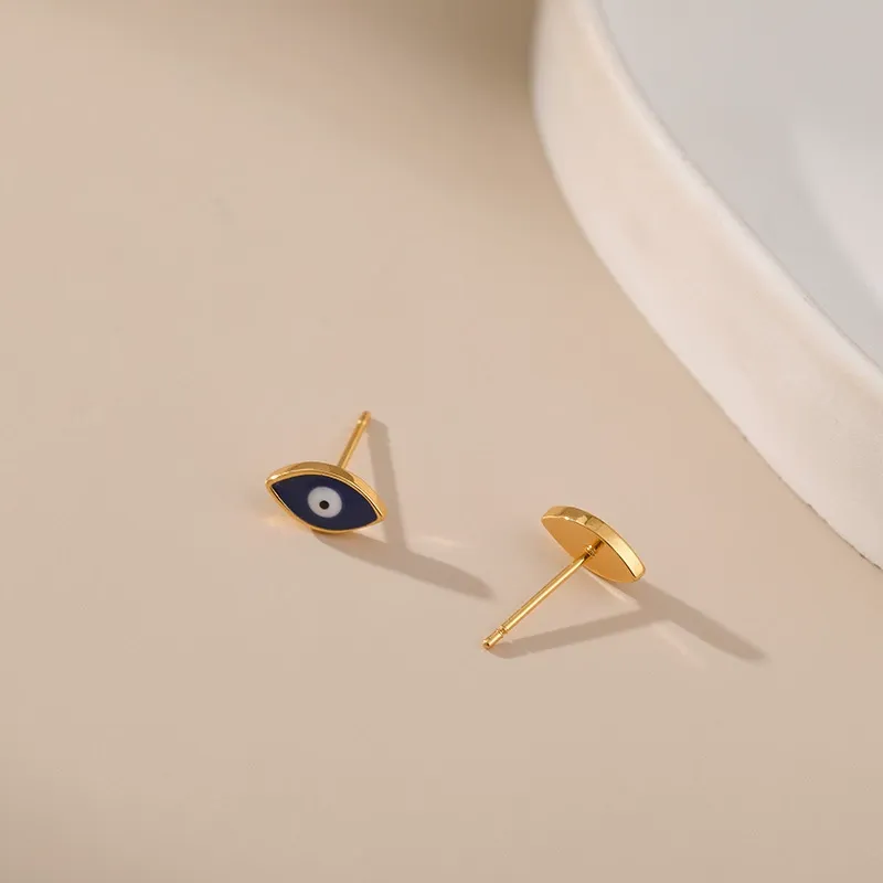 INS2327-Evil Eye Enamel Stud Earrings Real Solid 14K Yellow Gold