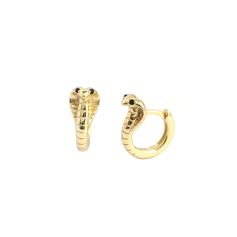 INS2368-14K Gold Plated Snake Hoop Earrings with Green Crystal Eyes, Cobra Design Huggie Hoops, Vintage Style Jewelry Collection