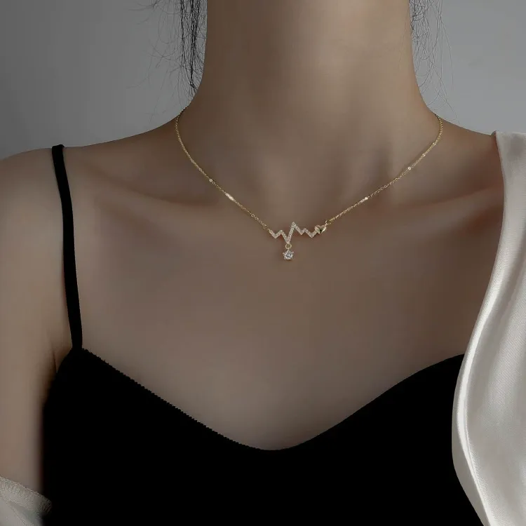INS3263-Personality S925 Sterling Silver Necklace ECG Diamond Women Clavicle Chain Fashion Korean Style/Rose Gold/As Shown
