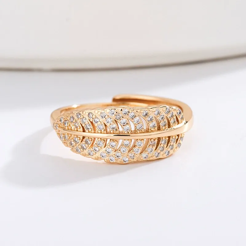 INS1251-DoubleAccent 14K Rose Gold Plated Sterling Silver Ring CZ Stone Beautiful Pave Setting Band 13mm Wide Leaves Ring (Size 5 to 9)