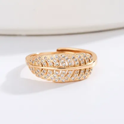 INS1251-DoubleAccent 14K Rose Gold Plated Sterling Silver Ring CZ Stone Beautiful Pave Setting Band 13mm Wide Leaves Ring (Size 5 to 9)