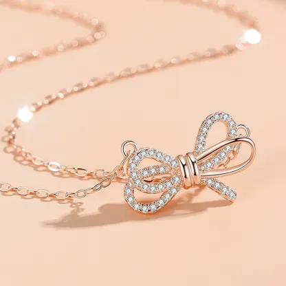 INS3282-Divine Deco Sterling Silver Crystal Bow Pendant Necklace with Chain, Cubic Zirconia Pave