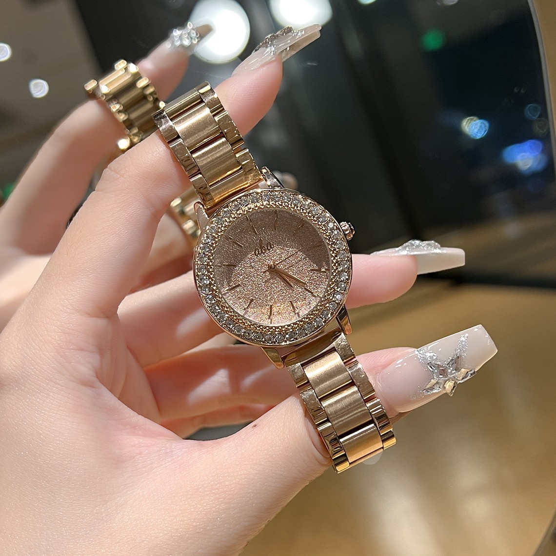 W-2018-OLEVS Womens Watch Elegant Dress Diamond Female Watches for Ladies Analog Quartz Leather Waterproof Quicksand Large Face Wristwatch-Women