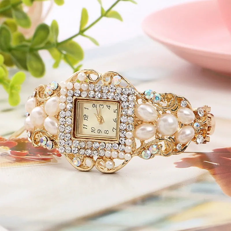 W-2025-Weicam Women Bracelet Square Dial Quartz Bangle Wrist Watch Lady Diamond Pearl Jewelry Watches Gold Color-Women