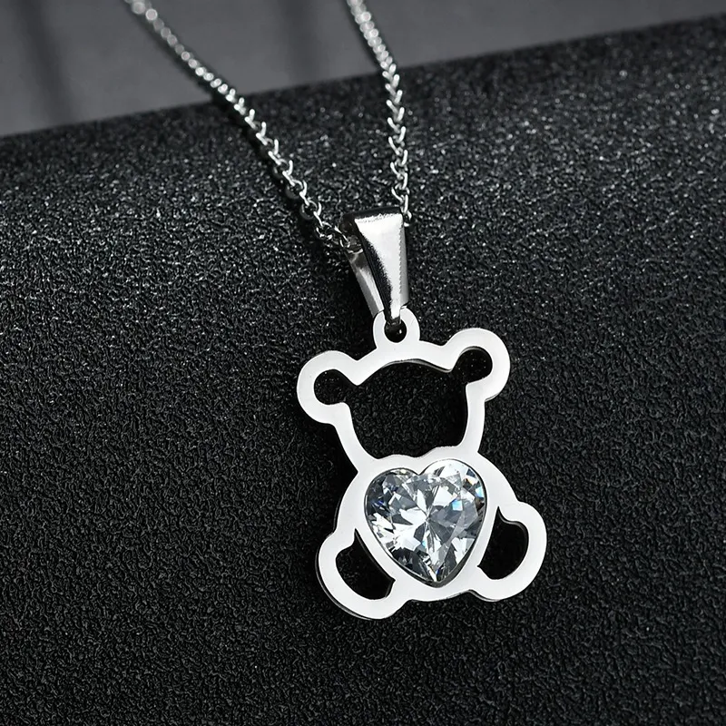 INS3041-AFFY Teddy Bear Pendant Necklace for Women, 14K Gold Over 925 Sterling Silver with Heart-Shaped Simulated Birthstone, Cute Love Jewelry Gift with 18" Rope Chain