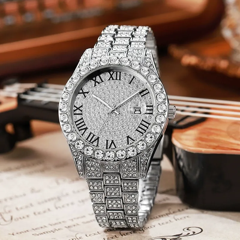 W-2053-OIDEAMen's Rhinestone Diamond Watch: Luxury Roman Numeral Quartz Analog Watches for Men Waterproof Date Wrist Watch Business Casual Dress Watch Iced Out Watch