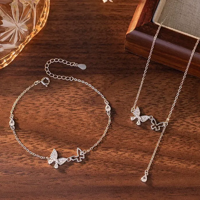 INS3046-Silver Camellia Flower Necklace Y Chain Wedding Party Full Zircon Elegant Rose, Star, Butterfly Pendant for Women Gift