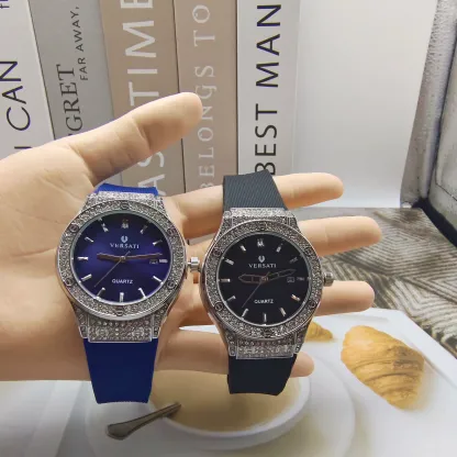 W-1015-Fashion Luxury Men's Women Gold Steel Strap Scale Rhinestone Calendar Quartz Watch Leisure Male Wristwatch Relogio Masculino-Men