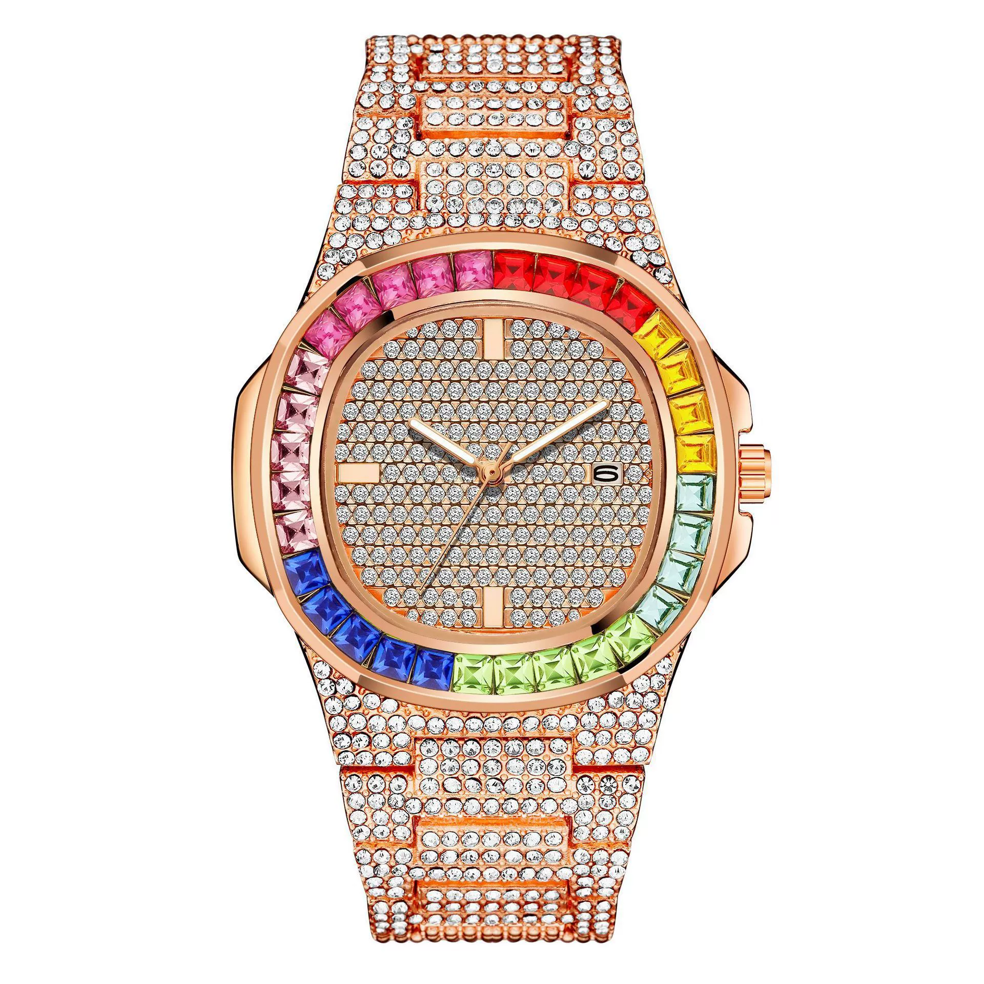 W-1011-Luxury Bling-ed Out Colorful Full Diamond Watches Fashion Quartz Analog Stainless Steel Band Bracelet Wrist Watch