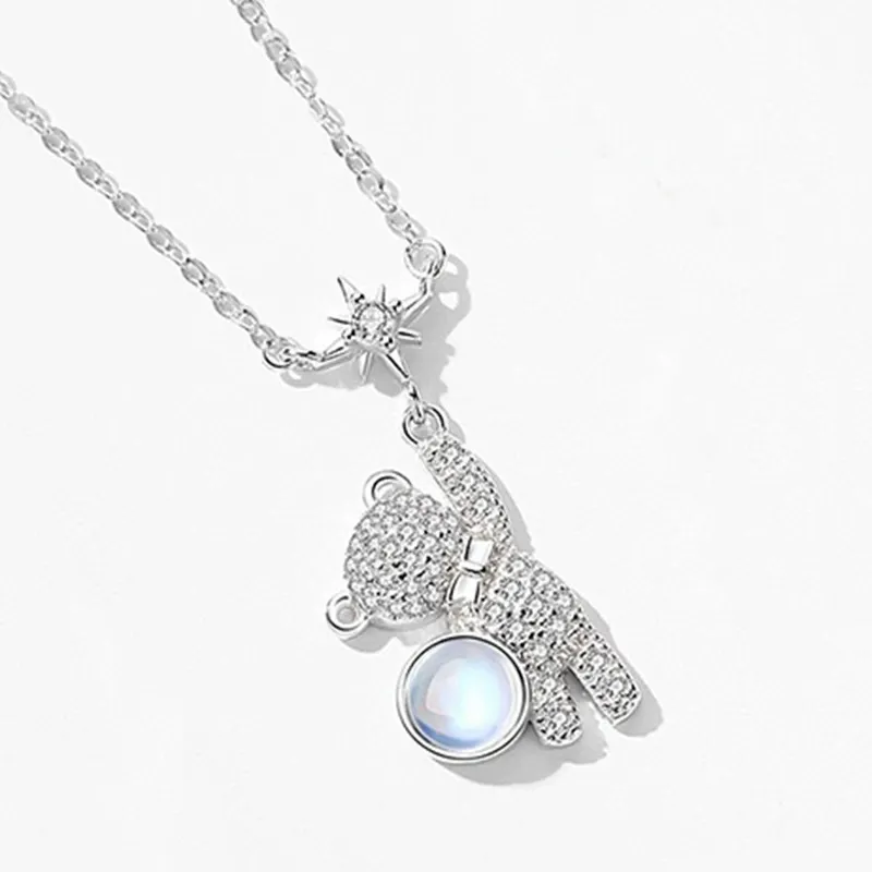 INS3058-PERIMADE Custom Photo Projection Necklace with Picture Inside Personalized Text & Love in 100 Languages Memorial Pendant, Customized CZ Teddy Bear Necklace Birthday Anniversary Jewelry Gift for Women