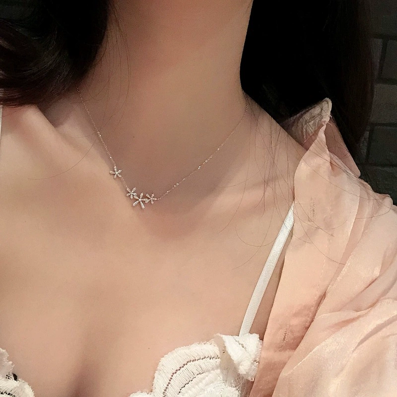 INS3096-Reffeer Solid 925 Sterling Silver Cubic Zirconia Flower Necklace Choker for Women Teen Girls Dainty Flower Pendant Necklace