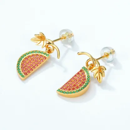 INS2342-Colorful Strawberry Watermelon Banana Grape Fruit Earrings Gold Plated Funny Charm Enamel Summer Tropical Fruits Sweet Food Small Huggie Hoop Earrings for Women Beach Holiday Trendy Jewelry Gifts