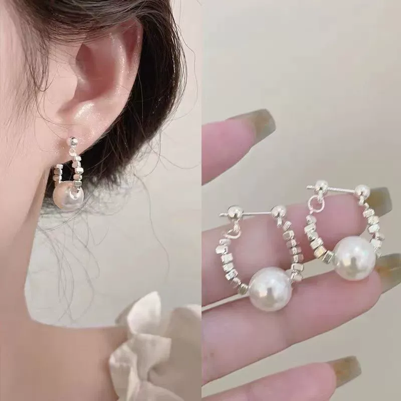 INS2431-Bohemian Pearl Ear Jacket Earrings for Teen Pearl Dangle Earrings Pearl Bead Stud Earrings Silver Metal Bead Earrings Pearl Wedding Earrings Jewelry for Women