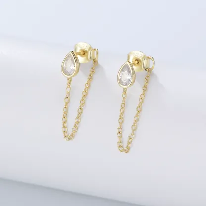 INS2100-S.Leaf 925 Sterling Silver 18Karat Gold Plated Chain Earrings for Women Hypoallergenic Cubic Zirconia Pearl Butterfly Stud with Chain Earrings Birthday Gifts for Women