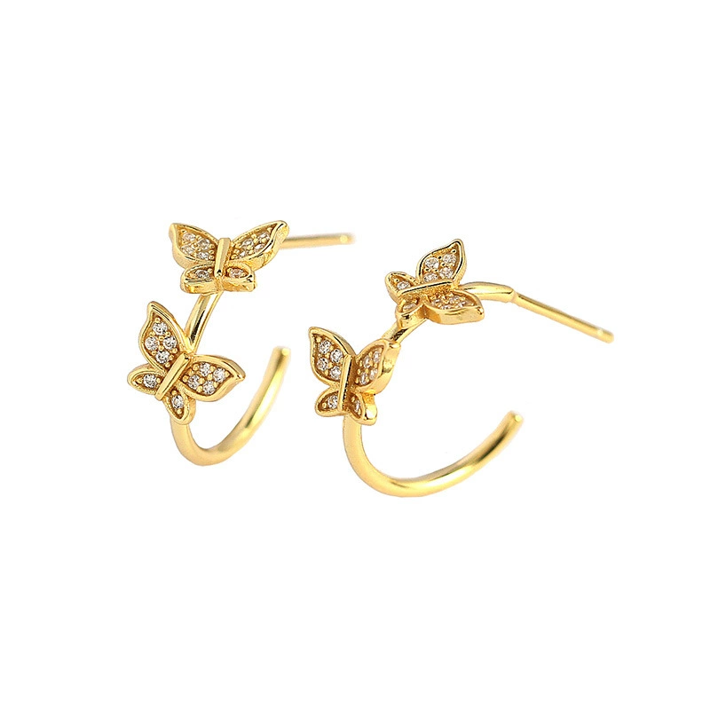 INS2001-Double CZ Butterfly Dangle Hoop Earrings for Women Girls 14K Gold-Toned Cubic Zirconia Big Gold Hoops Click Top Lever-back Clasp Earring Dainty Huggie Jewelry for Wedding Party Prom
