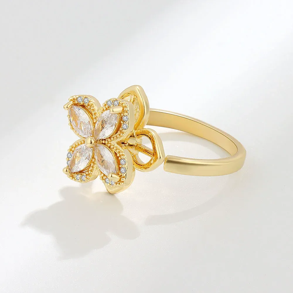 INS1054-Ornaland Fidget Spinner Rings Adjustable Open Four Leaf Clover Ring Gold Cubic Zirconia Ring, Rotatable Cuff Pinwheel Ring for Women, 17.3mm