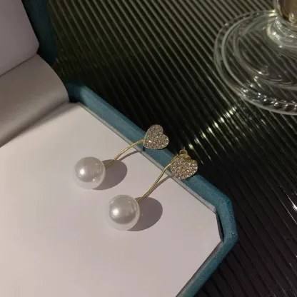 INS2062-Bohemian Crystal Heart Pearl Jacket Earrings Gold Cz Paved Heart Earrings Round Pearl Dangle Earrings Tiny Rhinestone Heart Earrings Jewelry for Women Gifts