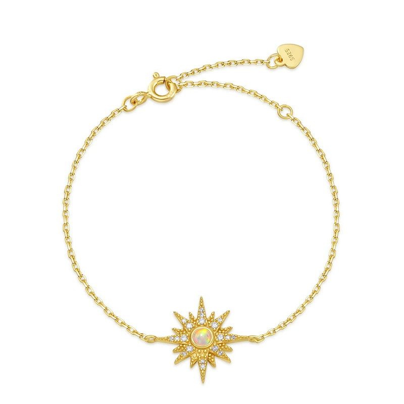 INS4098-Sun Bracelet, 14K Solid Gold Celestial Bracelet, Dainty initial Sun Bracelet, Minimalist 14K Gold Sun Bracelet (14K - Yellow Gold, 6.5 inches)