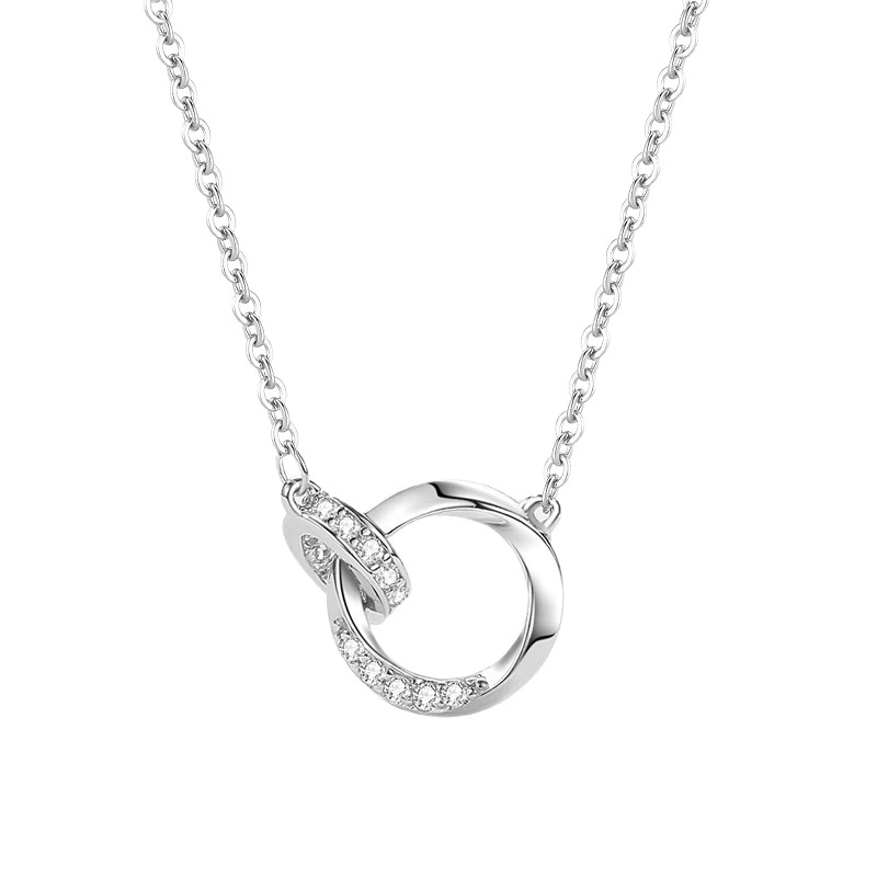 INS3218-18K Gold Circle Intertwined Necklace, Moissanite Double Circle Necklace Pendant Necklace, Birthday Holiday Gifts for Wife, Girlfriend, Daughter (White Gold, 18K)