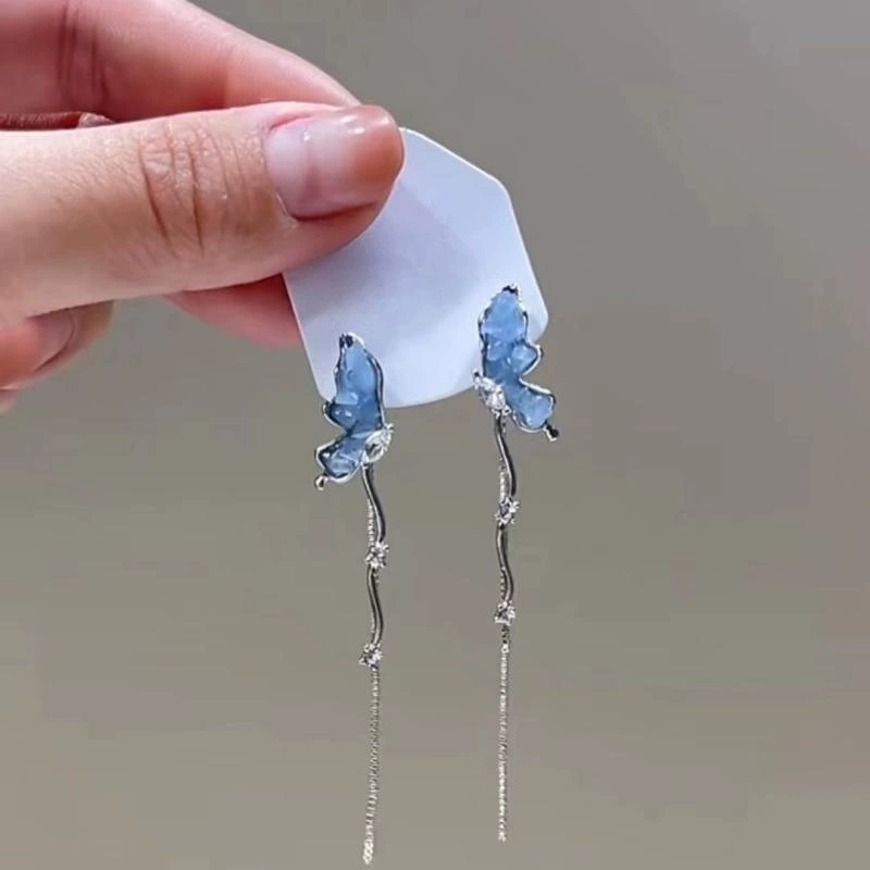 INS2143-Crystal Butterfly Stud Earrings - Long Tassel Chain Dangle Earrings - Fairy Earrings - Dainty Jewelry Gifts