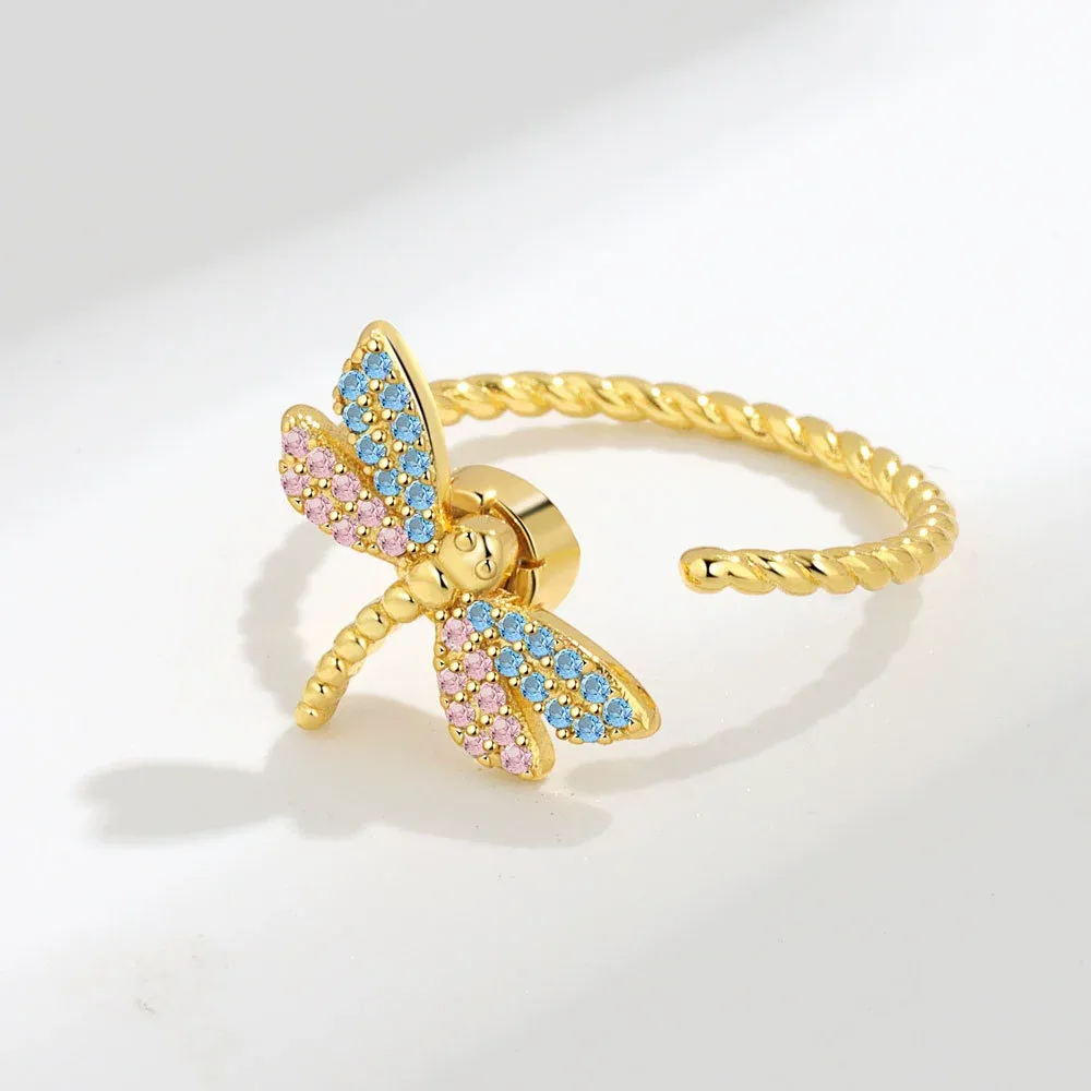 INS1188-Cute Dragonfly Spinner Fidget Ring for Women Fashion Chic Statement Crystal Cubic Zirconia Pink Blue Anxiety Rotate Freely Inspirations Jewelry Adjustable Stacking Ring Dainty Engagement Gift Birthday