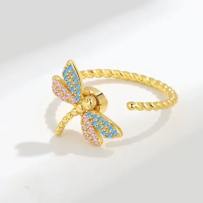 INS1188-Cute Dragonfly Spinner Fidget Ring for Women Fashion Chic Statement Crystal Cubic Zirconia Pink Blue Anxiety Rotate Freely Inspirations Jewelry Adjustable Stacking Ring Dainty Engagement Gift Birthday