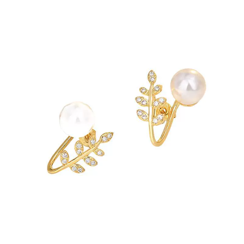 INS2289-Pearl Leaf Ear Cuff Earrings, Crystal Rhinestone Wrap Clip, Gold and Silver