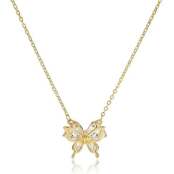 INS3198-Dainty Gold Necklace for Women, Two Tone Cubic Zirconia Pendant Necklaces for Women, 14K Gold Plated Butterfly Necklaces for Women Trendy, Charm Ring Pendant Necklace Daily Fashion Jewelry Gifts