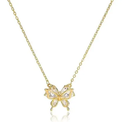 INS3198-Dainty Gold Necklace for Women, Two Tone Cubic Zirconia Pendant Necklaces for Women, 14K Gold Plated Butterfly Necklaces for Women Trendy, Charm Ring Pendant Necklace Daily Fashion Jewelry Gifts