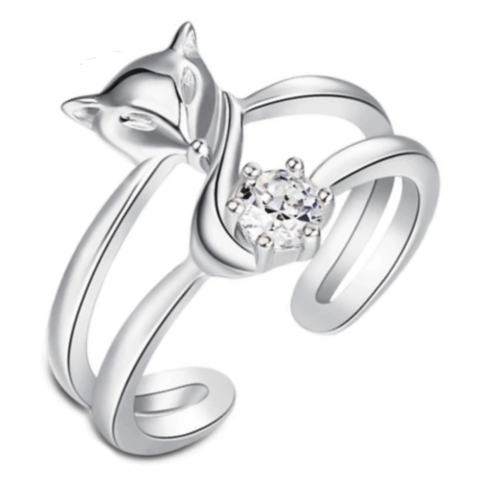 INS1147-Lzz Plated 925 Silver Ring Fox Ring Cute Animal Adjustable Crystal Ring Inlaid White Cubic Zirconia Ring