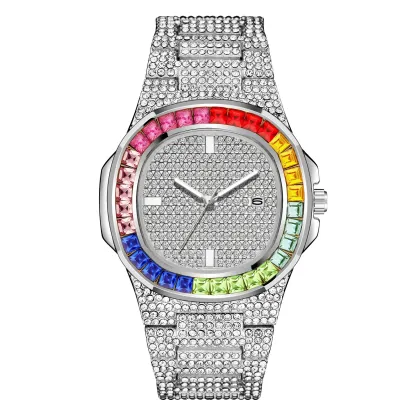 W-1011-Luxury Bling-ed Out Colorful Full Diamond Watches Fashion Quartz Analog Stainless Steel Band Bracelet Wrist Watch
