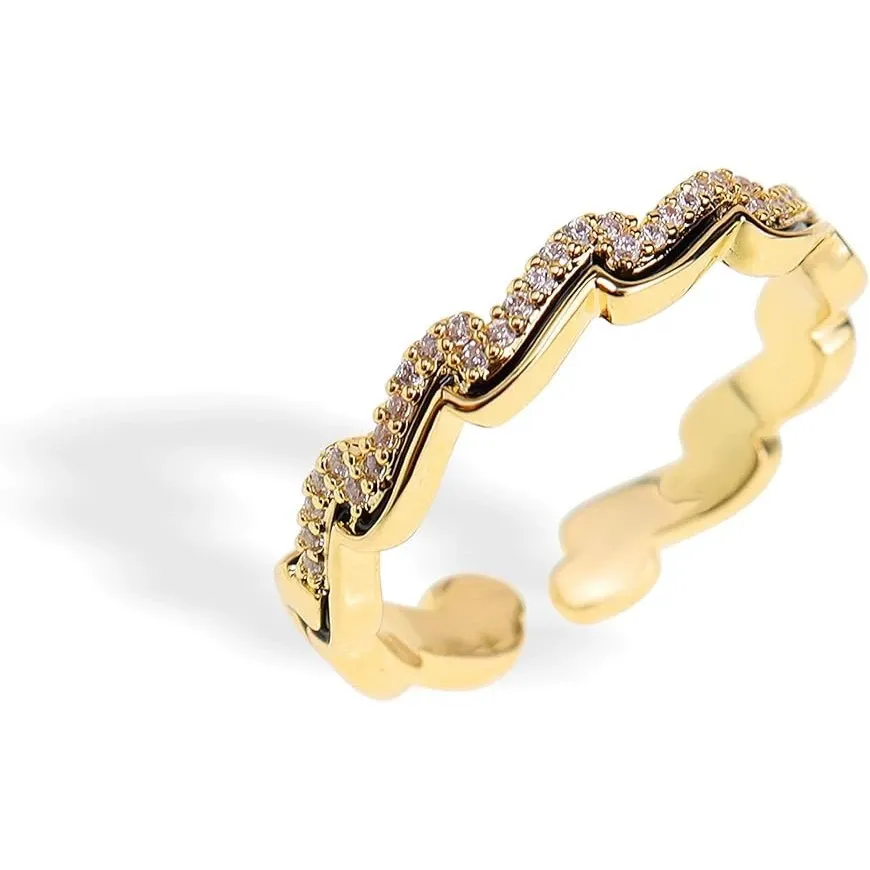 INS1086-Jean Beau Gold Adjustable Open Ring for Women, Cute Sparkly Rhinestone Fashion Statement Diamond Valentine Wedding Prom Jewelry Gift