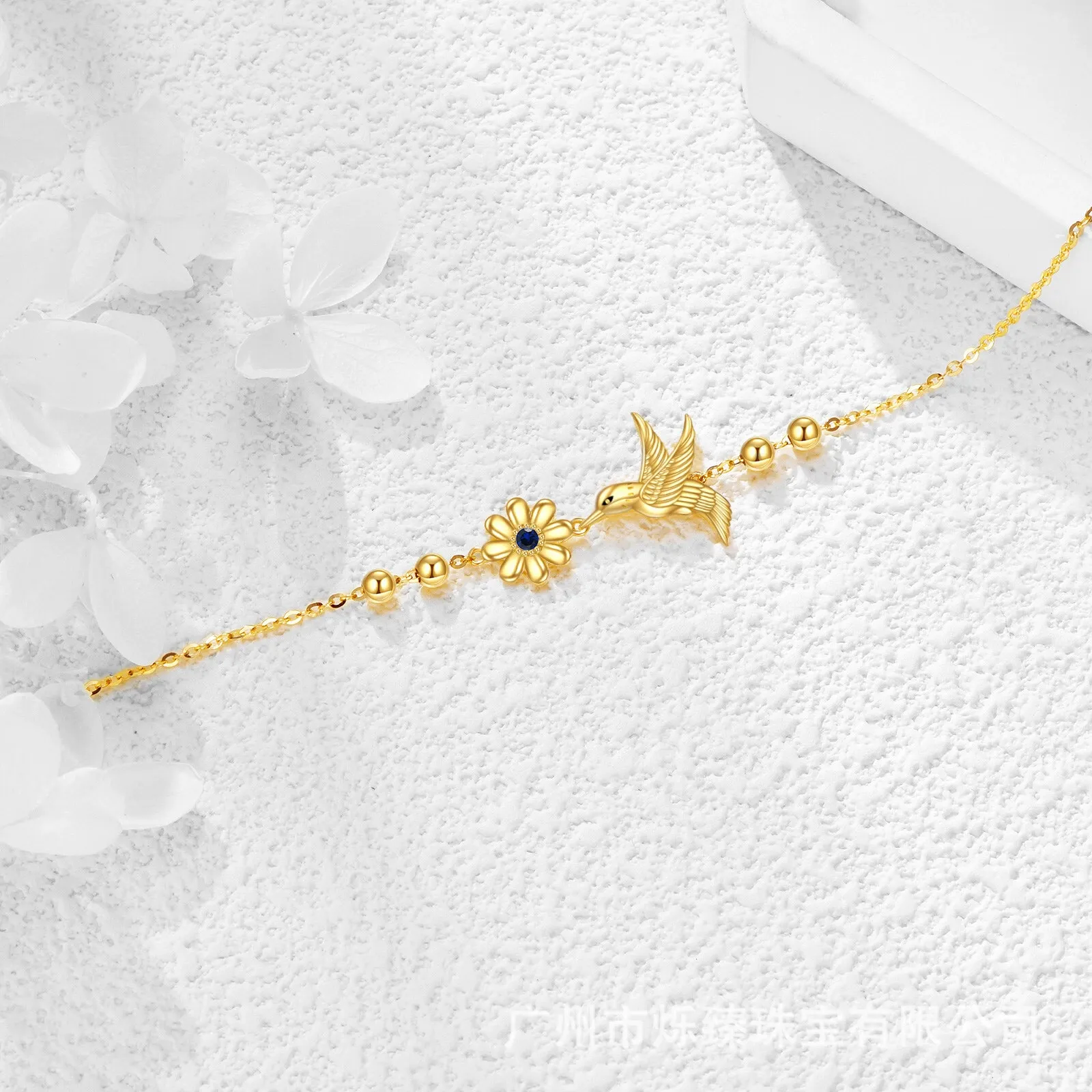 INS4106-KQF 9K Solid Gold Hummingbird Bracelet Real Gold Zirconia Flower Bracelet Jewelry Gifts for Women