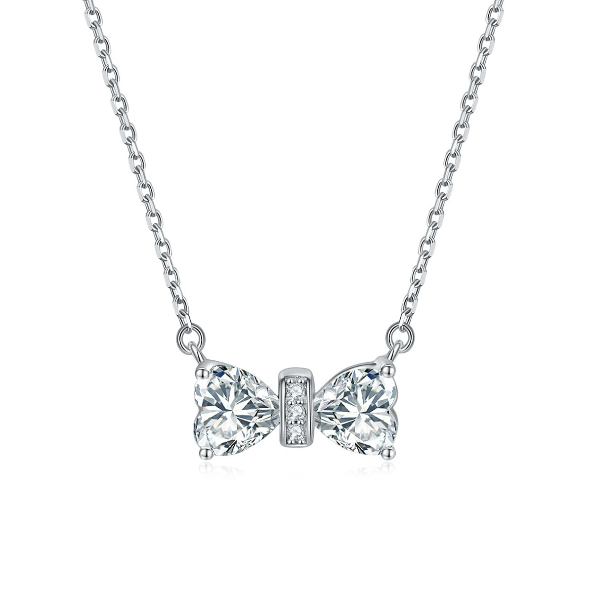 INS3191-SILVER_MINE 0.61 Ct Heart Cut White CZ Diamond Bow Pendant for Women's In 14K White Gold Plated 18" Chain