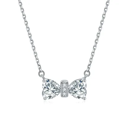 INS3191-SILVER_MINE 0.61 Ct Heart Cut White CZ Diamond Bow Pendant for Women's In 14K White Gold Plated 18" Chain