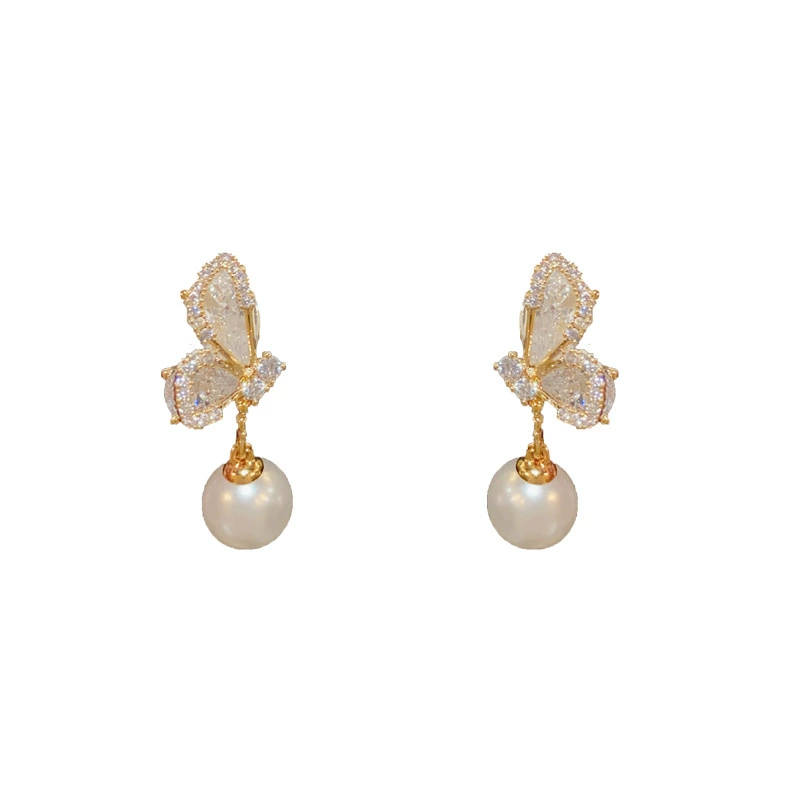 INS2187-Bohemian Crystal Butterfly Dangle Earrings White Round Pearl Drop Earrings Cz Butterfly Stud Earrings Rhinestone Butterfly Pearl Earrings Jewelry for Women Gifts(Blue)