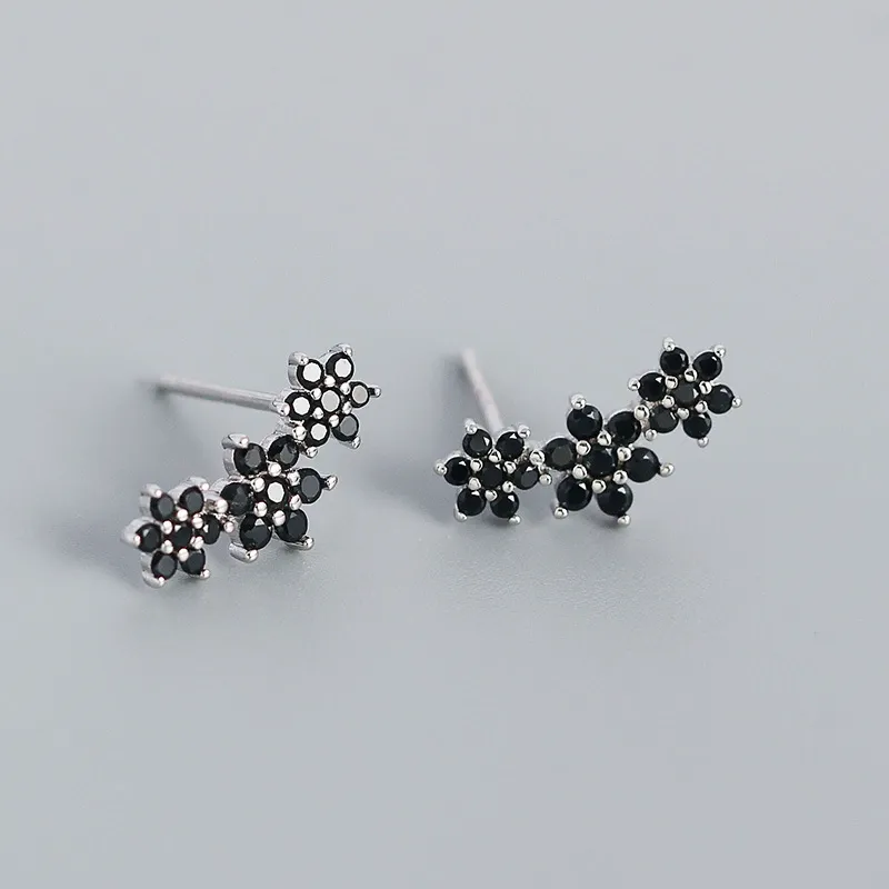 INS2101-Reffeer Solid 925 Sterling Silver CZ Flower Stud Earrings for Women Teens Black Flower Stud Earrings Spring Cartilage Helix Earrings