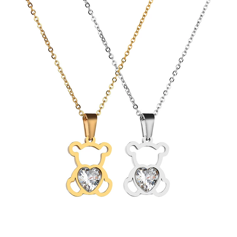 INS3041-AFFY Teddy Bear Pendant Necklace for Women, 14K Gold Over 925 Sterling Silver with Heart-Shaped Simulated Birthstone, Cute Love Jewelry Gift with 18" Rope Chain